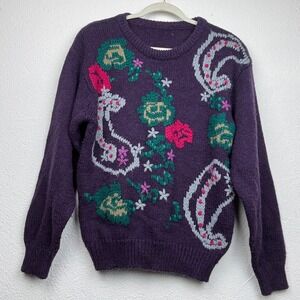 Vintage Purple Knit Sweater - M - Floral Paisley Embroidery Grannycore Boho
